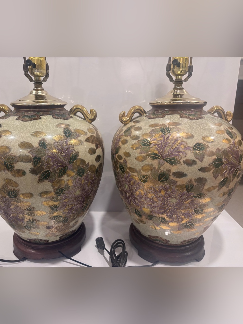 Pair Of Japanese Satsuma Style Moriage Vase Table Lamps Birds/chrysanthemums LRG